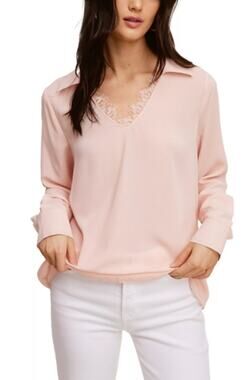 SINGLE THREAD TOP WOMEN'S SIZE SMALL LACE TRIM V NECK POPOVER BLOUSE PINK NEW